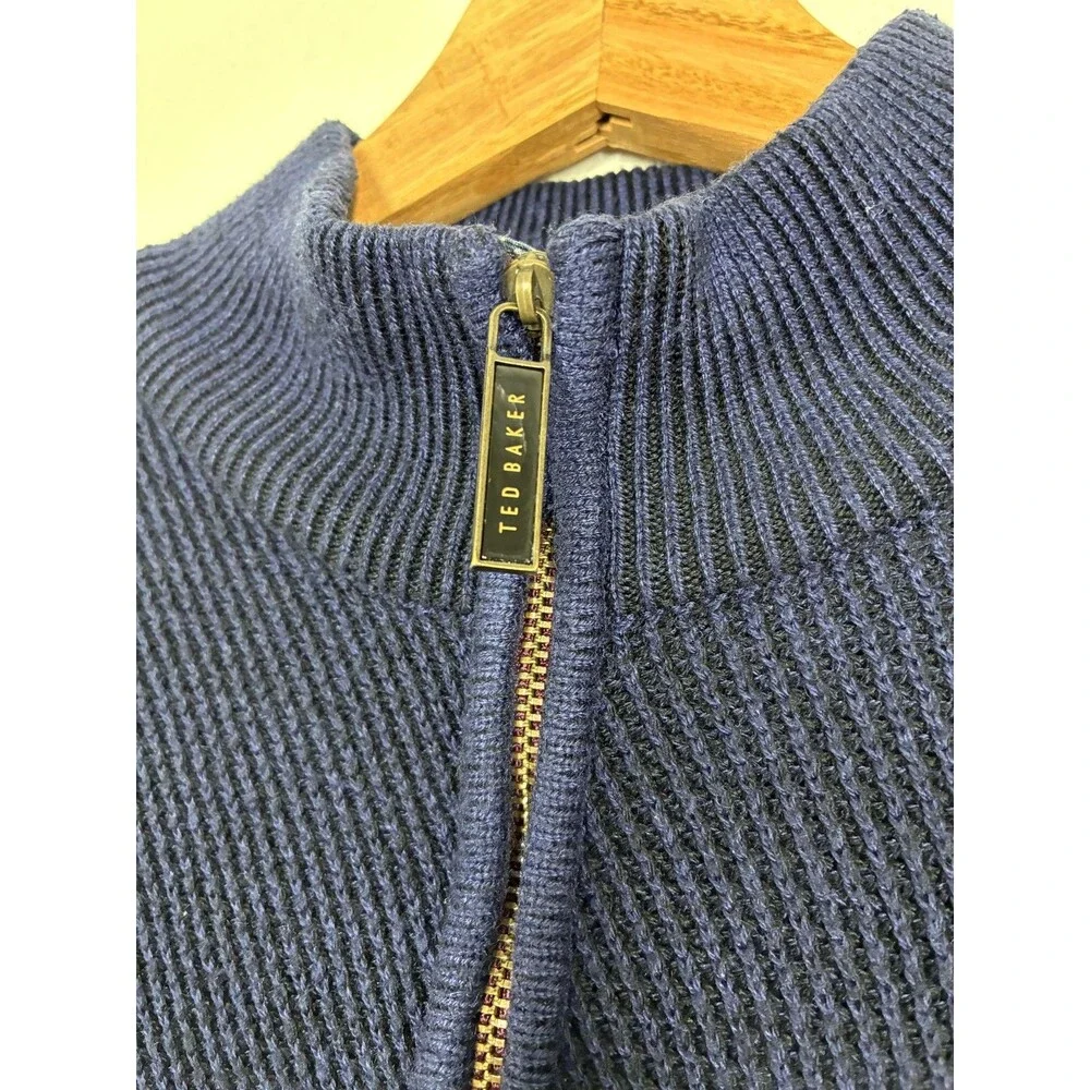Ted Baker Sweater Mens Medium Blue Quarter Zip Mock Neck Textured Knit Pullover